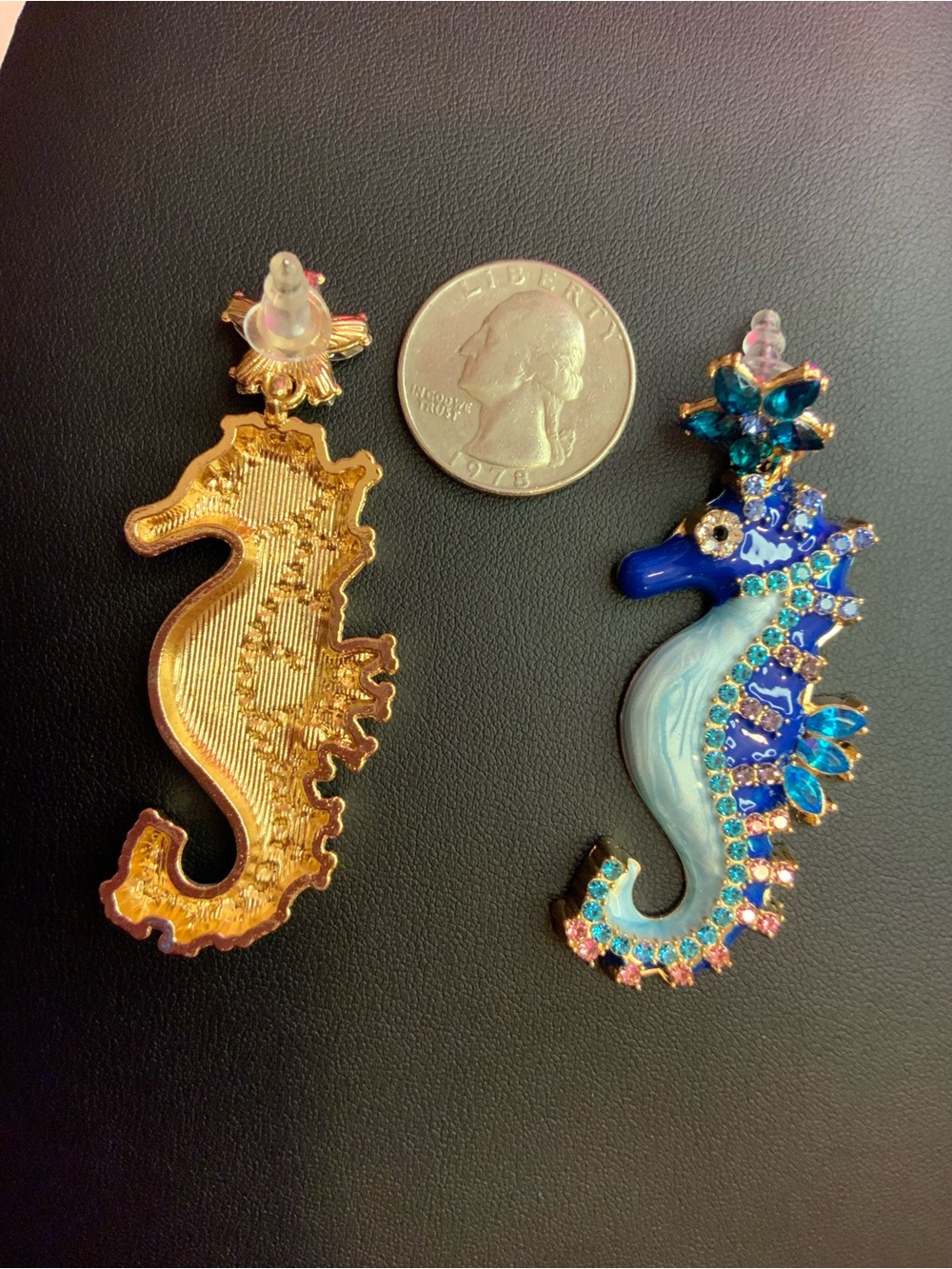 Large Whimsical SeaHorse Earrings Beautiful Blue w/Rhinestones (Z-30) - Picture 3 of 3